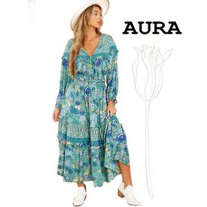 Aura Check Yes Turquoise Multi Print Maxi Dress